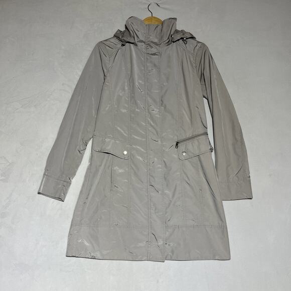 Cole Haan Rain Jacket Mid Length Womens S Gray Silver Packable Hooded Zip Coat - Picture 1 of 13